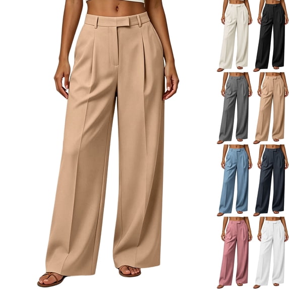 Womens High Waisted Pleated Wide Leg Work Pants Dressy Teachers Trousers Wrinkle Free Suit Slacks Flowy Business Office Fall Bottoms with Pockets, Khaki, XXL