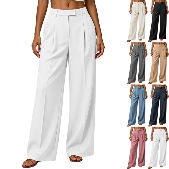 Womens High Waisted Pleated Wide Leg Work Pants Dressy Teachers Trousers Wrinkle Free Suit Slacks Flowy Business Office Fall Bottoms with Pockets, White, S