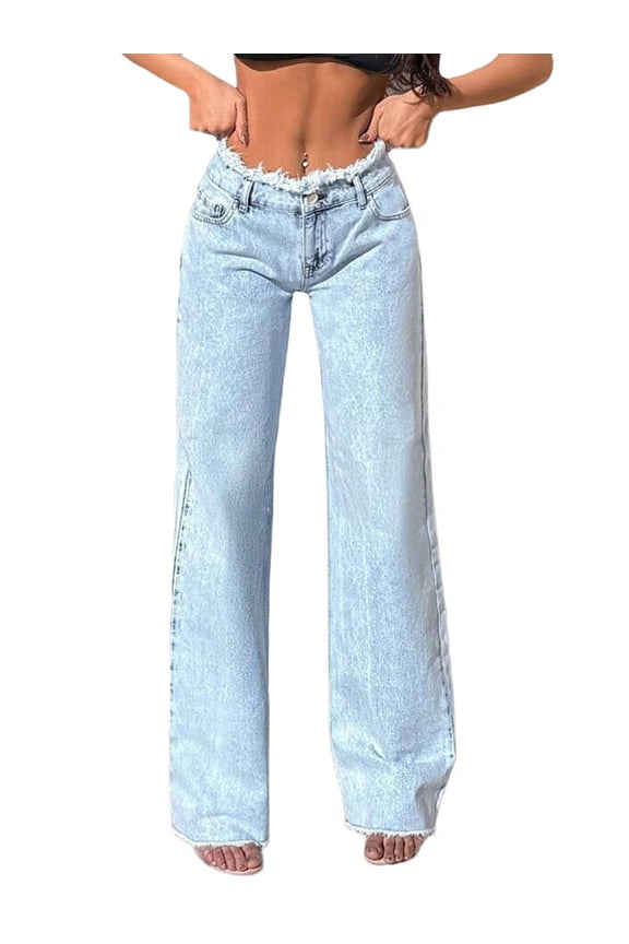 Womens High Waisted Raw Hem Jeans Stretchy Wide Leg Frayed Straight Denim Pants Light Blue S