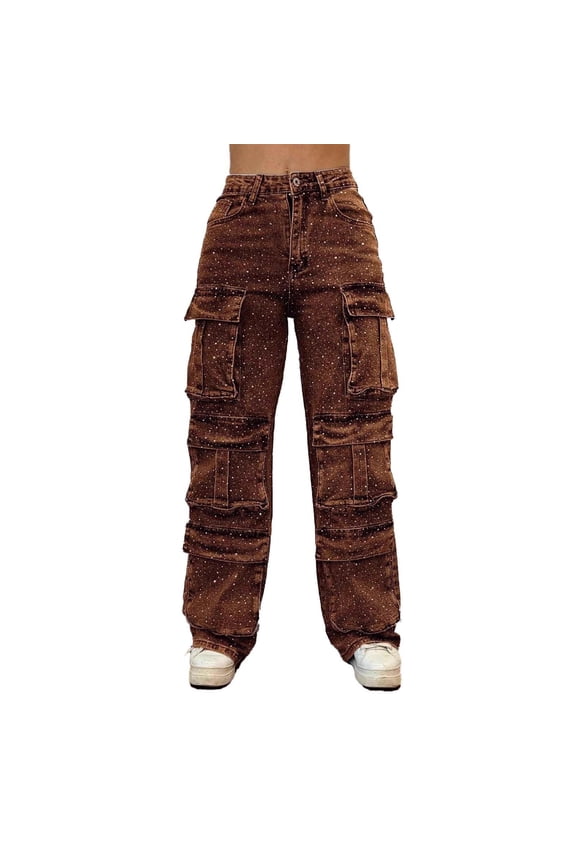 Womens High Waisted Rhinestone Jeans Straight Wide Leg Chic Baggy Denim Pants Loose Fit Pearl Y2K Sparkly Jeans Brown