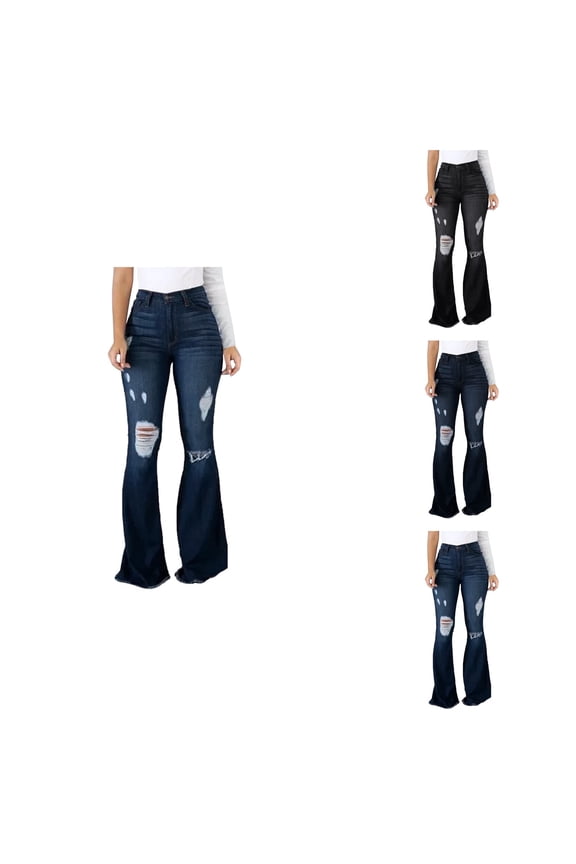 Womens High Waisted Ripped Flared Jeans Vintage 90s Bell Bottoms, Distressed Wide Leg High Rise Denim Pants
