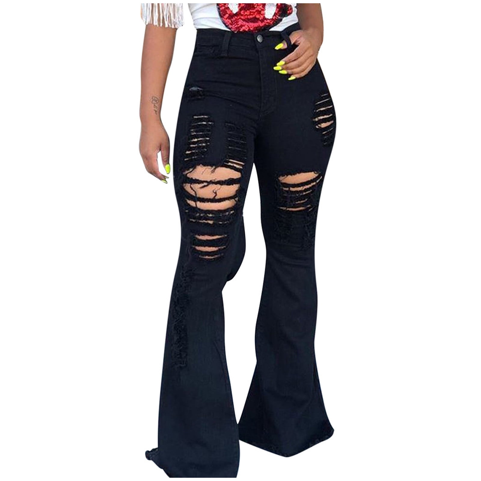Womens High Waisted Ripped Stretchy Slim Fit Flare Bell Bottom Jeans Sexy  Destroyed Raw Frayed Hem Denim Pants Trousers