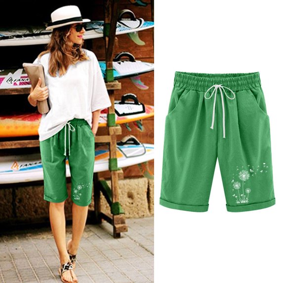 Womens High Waisted Running Shorts Quick Dry Athletic Workout Shorts with Pockets Vmvidoty Blowball Printing Drawstring Shorts Green L