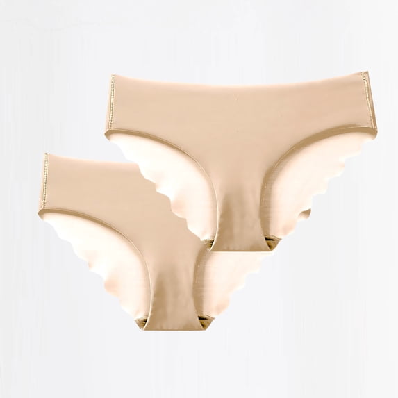 Bwndum Womens High Waisted Seamless Panties - Tummy Control Breathable Scalloped Edge No Show Underwear, Beige 2 Pack,Size 2XL