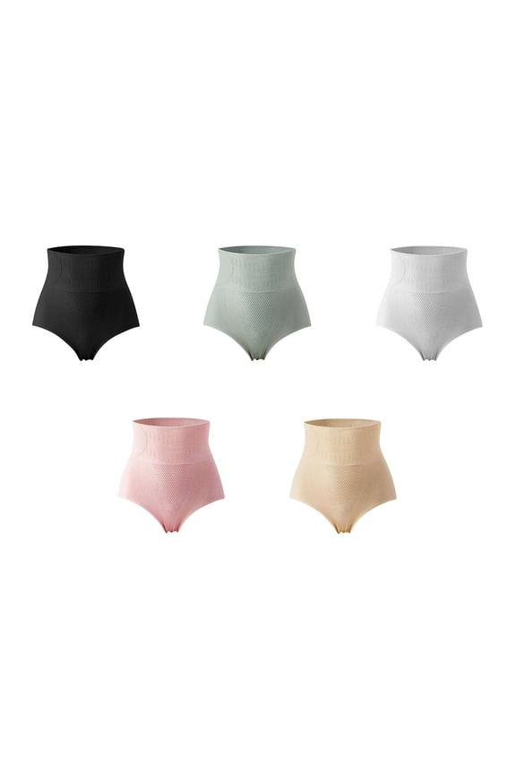 Womens High Waisted Seamless Underwear No Show Tummy Control Breathable Moisture Wicking Nylon Spandex 5 Pack Ribbed Knit Briefs Assorted Colors Include Pink,Size L
