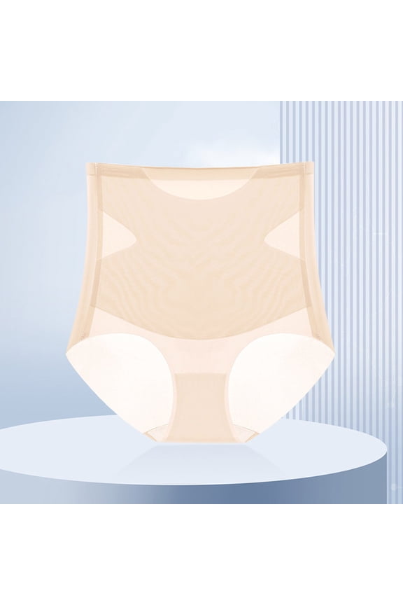 Womens High Waisted Seamless Underwear - No Show Tummy Control Panties with Breathable Mesh, Soft Nylon Spandex, Beige, Plus Size Options Available,Size L