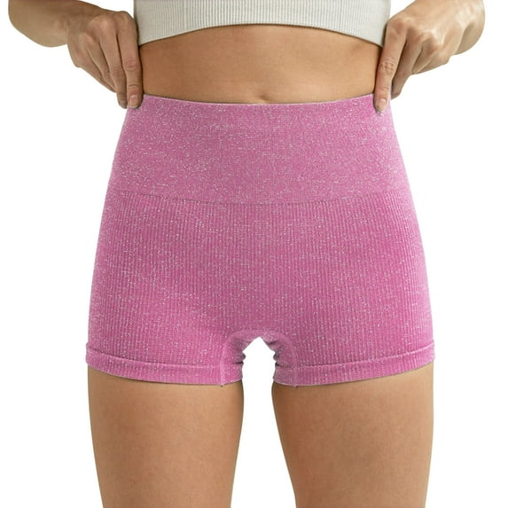 Womens High Waisted Seamless Yoga Shorts Tummy Control Workout Biker Shorts Ribbed Glitter Lounge Athleisure Hot Pink,Size M