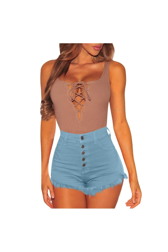 Womens High Waisted Short Raw Hemline Cotton Denim Stretch Summer Shorts