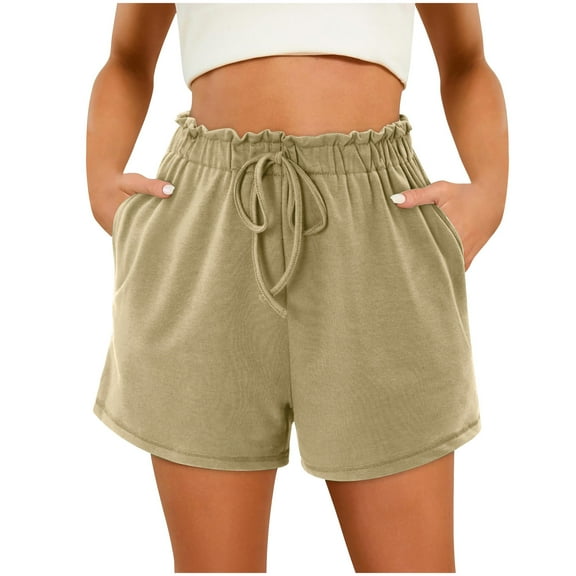 Womens High Waisted Shorts New Women's Fashion Solid Color Drawstring Rope Tie Shorts Yoga Sport Shorts Style B-44 Khaki S