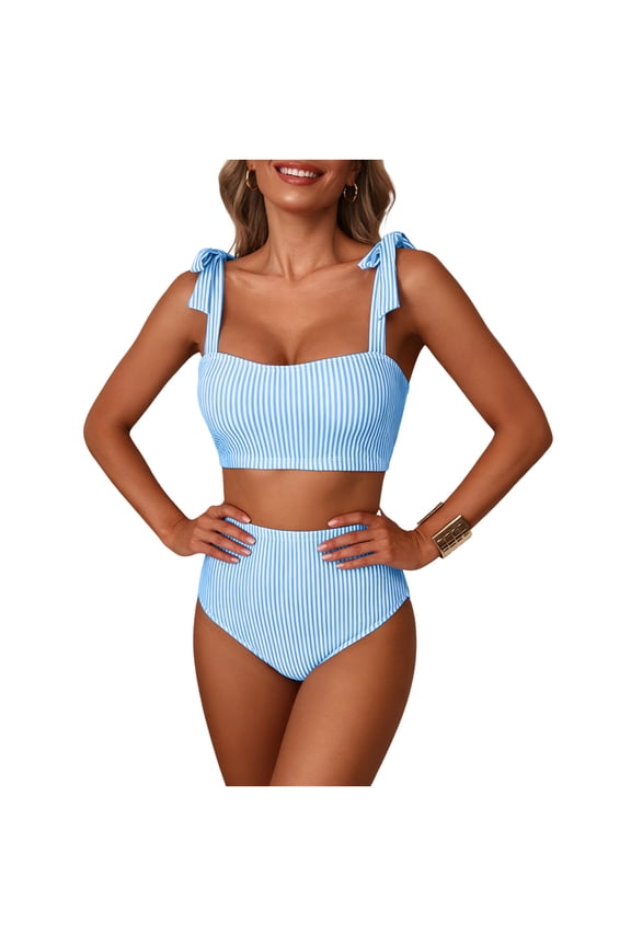 Womens High Waisted Sky Blue Striped Bikini Set Two Piece Swimsuit Square Neck Bow Tie Retro Bathing Suit Tummy Control,Size M