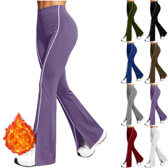 Womens High Waisted Slim Fit Flare Leg Yoga Pants Fleece Lined Warm Split Hem Side Striped Elastic Waist Sweatpants for Fall Daily Wear, Purple, XL