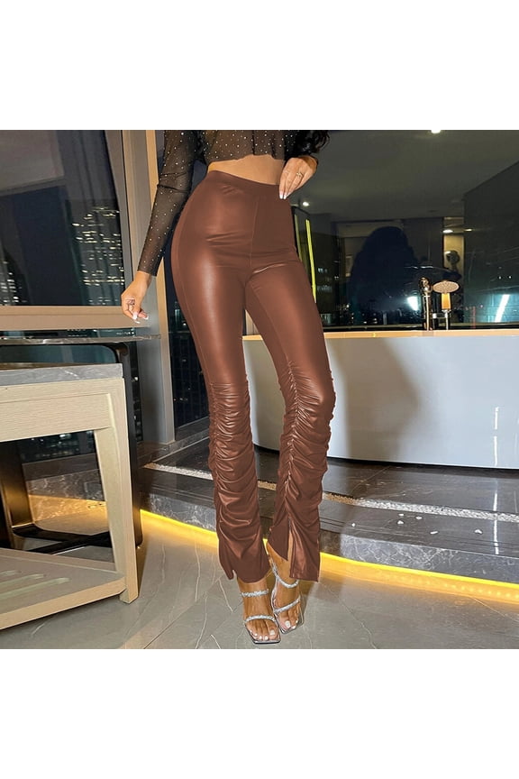Womens High Waisted Slim Leather Pants Casual Stretch Trousers Leather Pants Side Slit Elastic Gather Hem Inc Leather Pants Suede Lace up Leggings Solid Latex Pants Women Lined Leather Leggings Leg