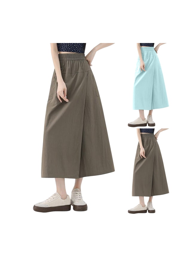 Womens High Waisted Solid Color Wide Leg Cropped Pants Outer Wear with Pockets