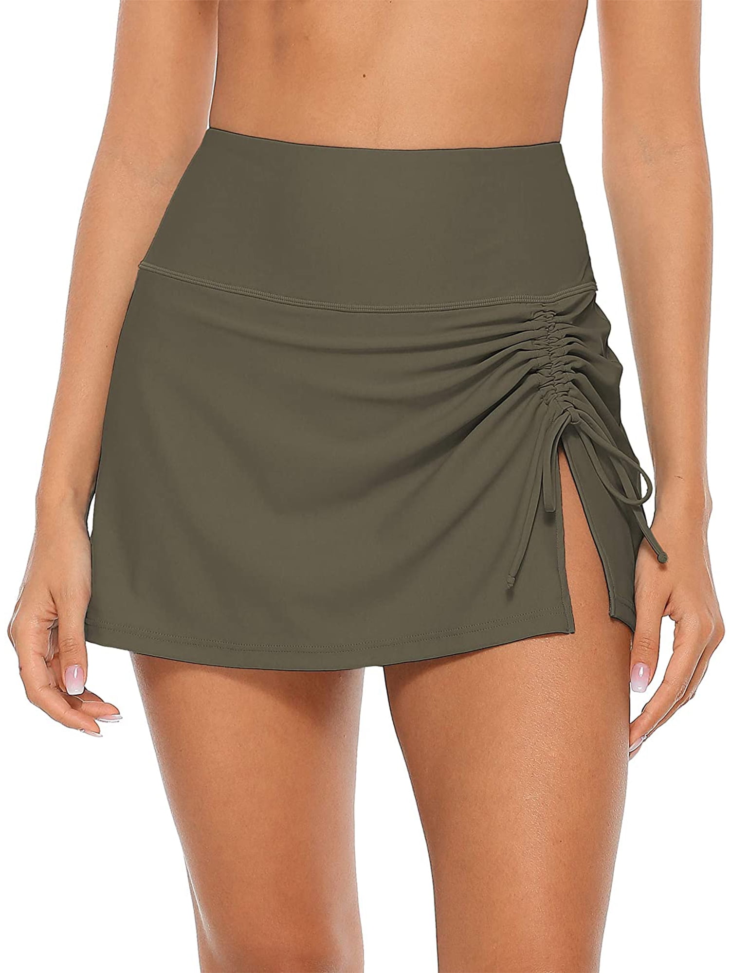 Womens High Waisted Split Swim Skirt Sporty Drawstring Skirted