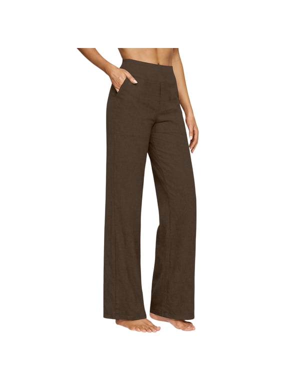 Womens High Waisted Straight Leg Casual Dressy Pants Cotton Elastic Waist Summer Pants with Pockets Pull On Plain Work Pants Brown