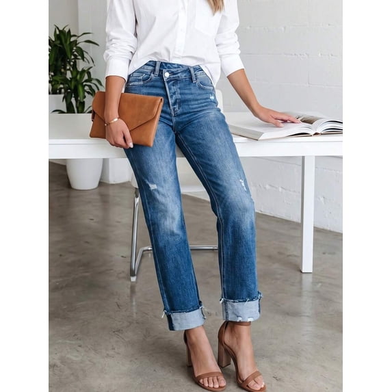 Womens High Waisted Straight Leg Jeans Dark Wash Ripped Distressed