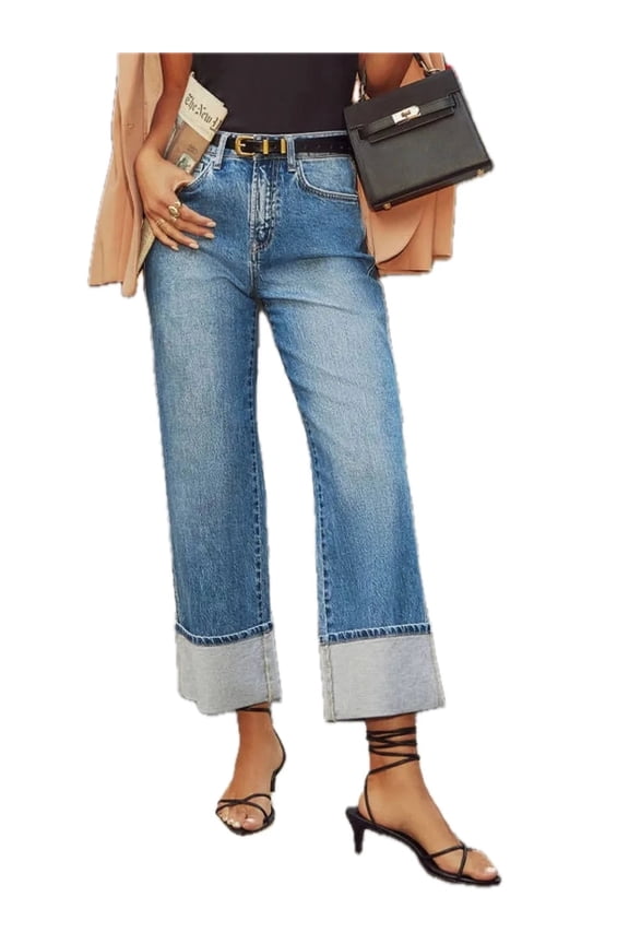Womens High Waisted Straight Leg Jeans Rolled Hem Pockets Stretchy Denim Button Fly Durable Everyday Wearable Comfort