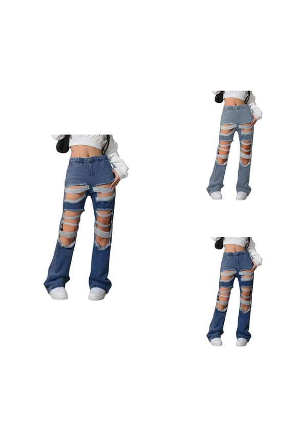 Womens High Waisted Stretch Denim Jeans with Pearl & Rhinestone Embellishments, Distressed Wide Leg Baggy Long Pants for Casual, Party & Clubwear