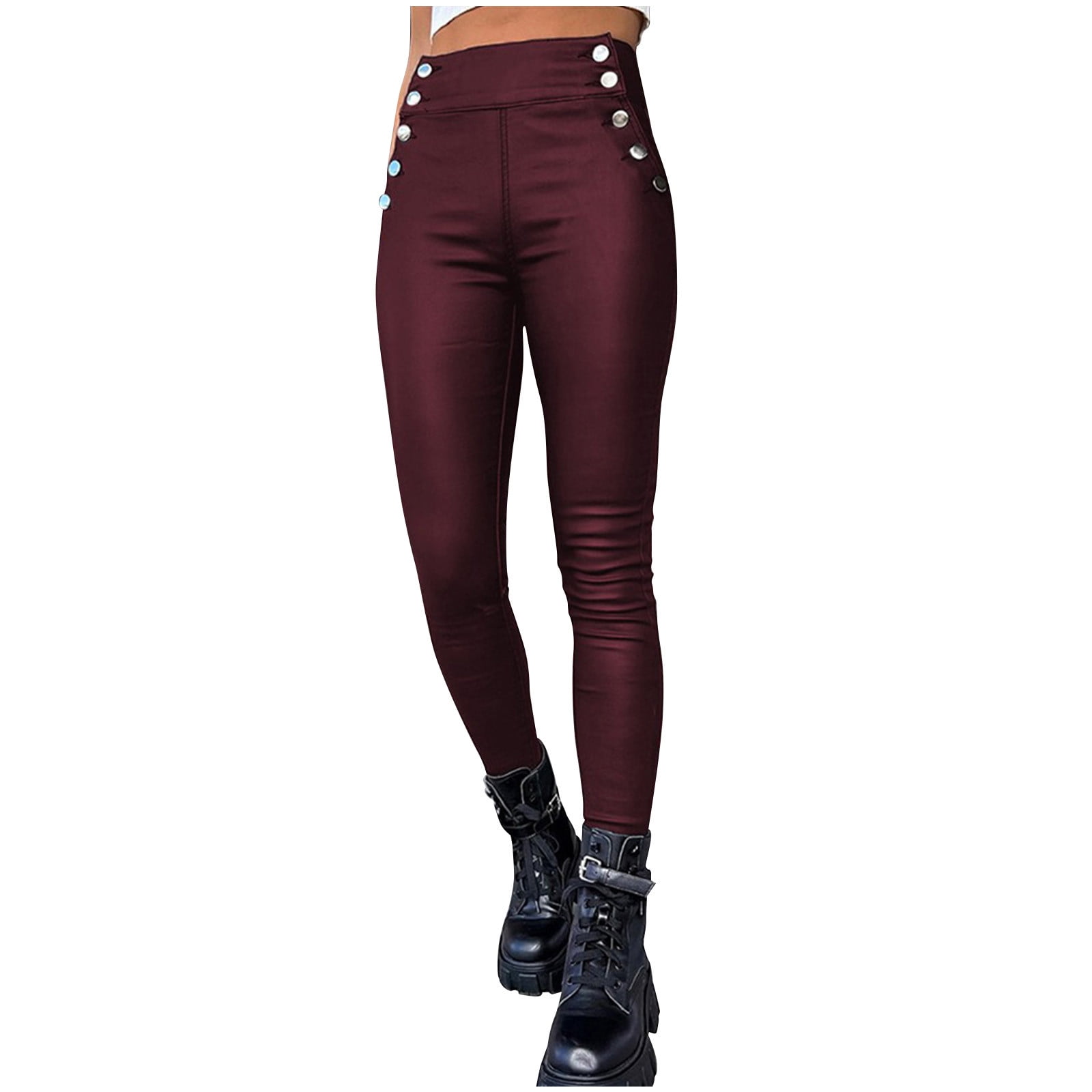 Womens High Waisted Stretch Faux Leather Pants PU Long Pants Casual Solid  Color Slim Fit Hip Lift Button Legging Juniors 