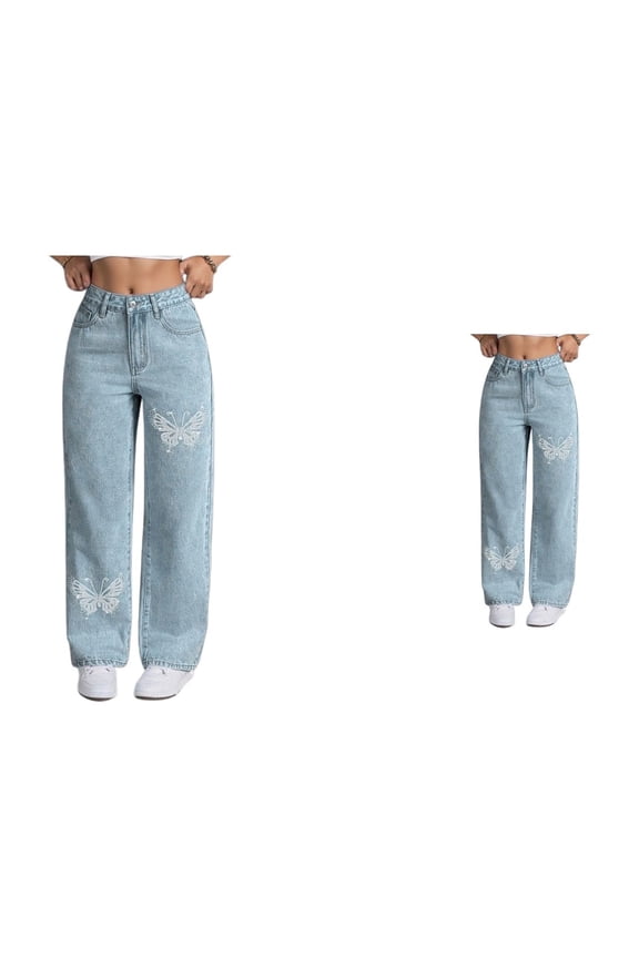 Womens High Waisted Stretch Jeans with Rhinestone Butterfly Design, Wide Leg Comfort Denim Pants for Casual Wear, Y2K Trendy Straight Leg Sparkle Jeans