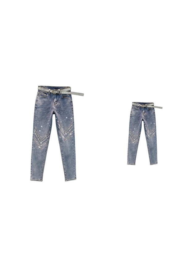 Womens High Waisted Stretch Skinny Jeans with Rhinestone Embellishments Distressed Ankle Length Tapered Leg Slim Fit Shiny Denim Pants