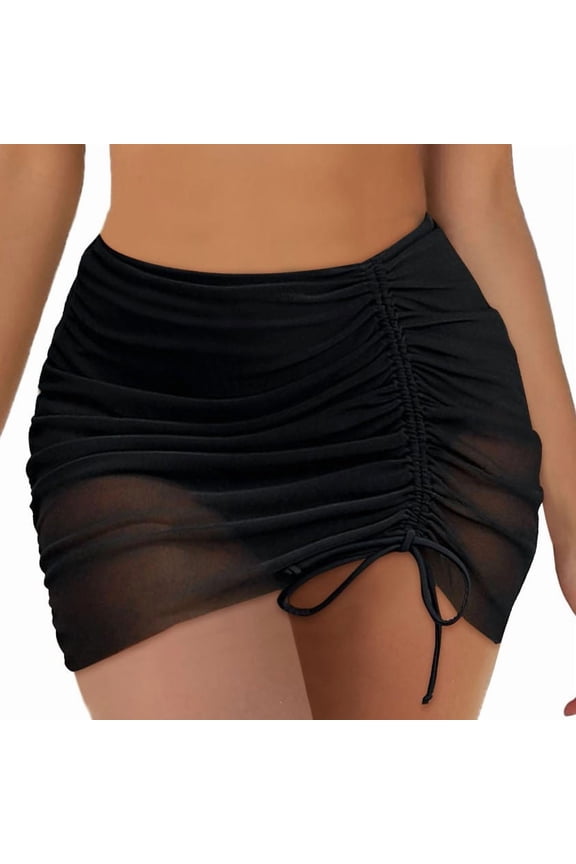 Womens High Waisted Swim Skirt Swim Bottoms Mesh Ruched Drawstring Bathing Short Skirt Style Black XXL
