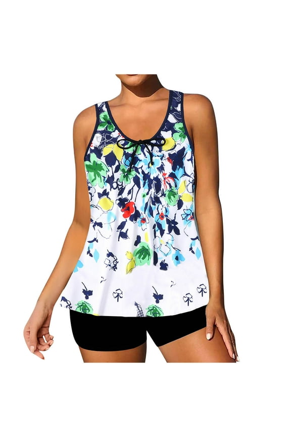 Womens High Waisted Swimsuits Floral Print Tankini with Boy Shorts Plus Size Tummy Control Vintage Bathing Suit