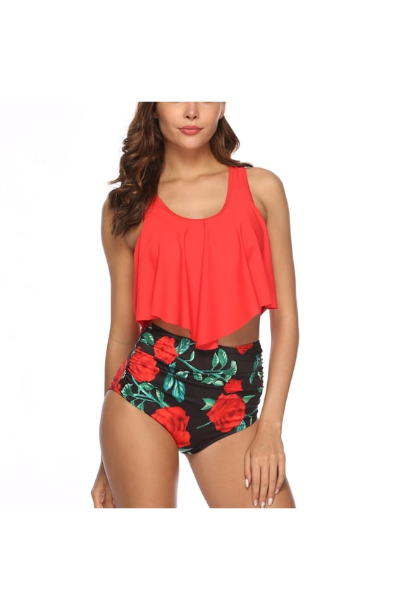 Womens High Waisted Tankini Swimsuits 2 Piece Tummy Control Floral Ruffle Flounce Bikini