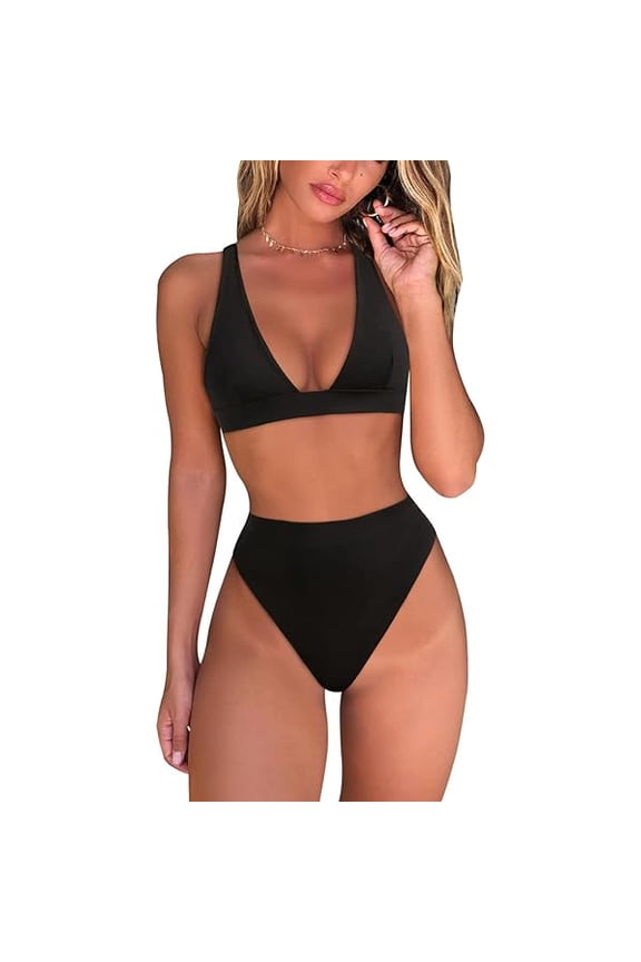 Womens High Waisted Thong Bikini Sets Sexy Brazilian Triangle Top Deep V Neck Two Piece Swimsuit Bathing Suits