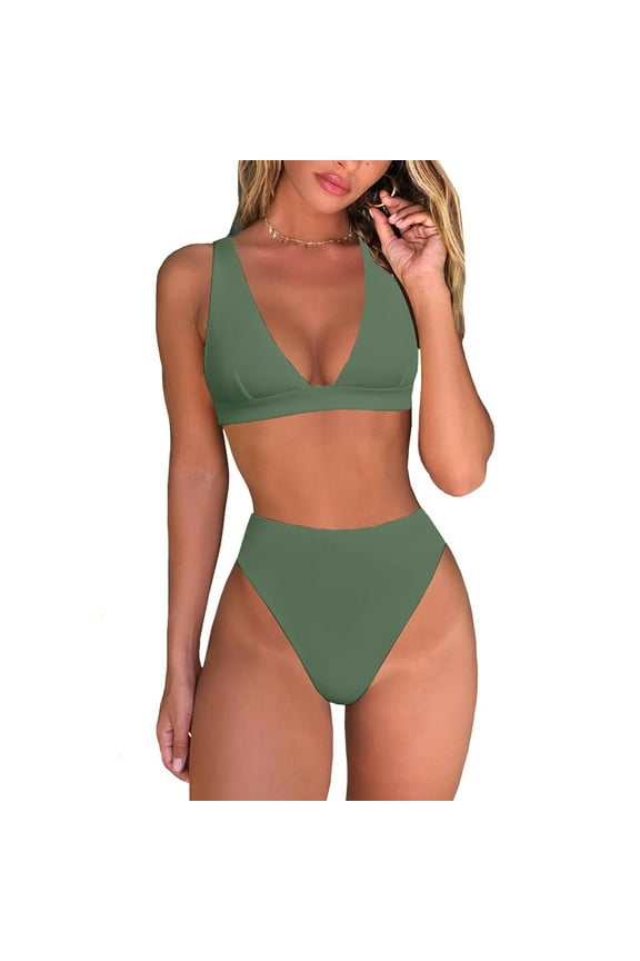 Womens High Waisted Thong Bikini Sets Sexy Brazilian Triangle Top Deep V Neck Two Piece Swimsuit Bathing Suits