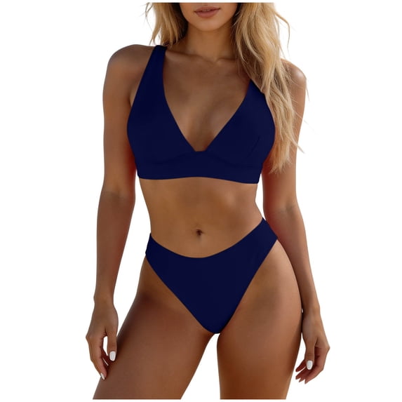 Womens High Waisted Thong Bikini Sets Triangle Top Deep V Neck Two Piece Swimsuit Bathing Suits Navy S(S)