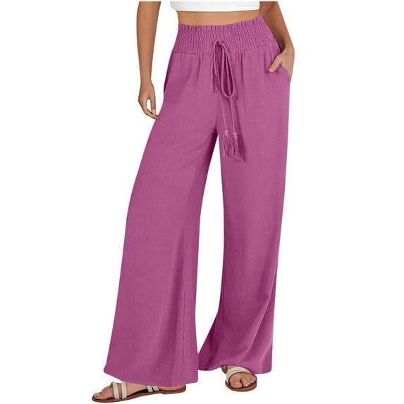 Womens High Waisted Trousers Loose Wide Leg Drawstring Palazzo Trousers 2024 Fashion Comfy Summer Travel Trousers Ladies Casual Plain Lounge Long Pants with Pockets