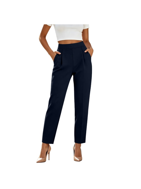 Womens High Waisted Trousers Pleated Office Pants Ankle Length Tapered Slacks for Work Business Casual with Pockets,Dark Blue,M