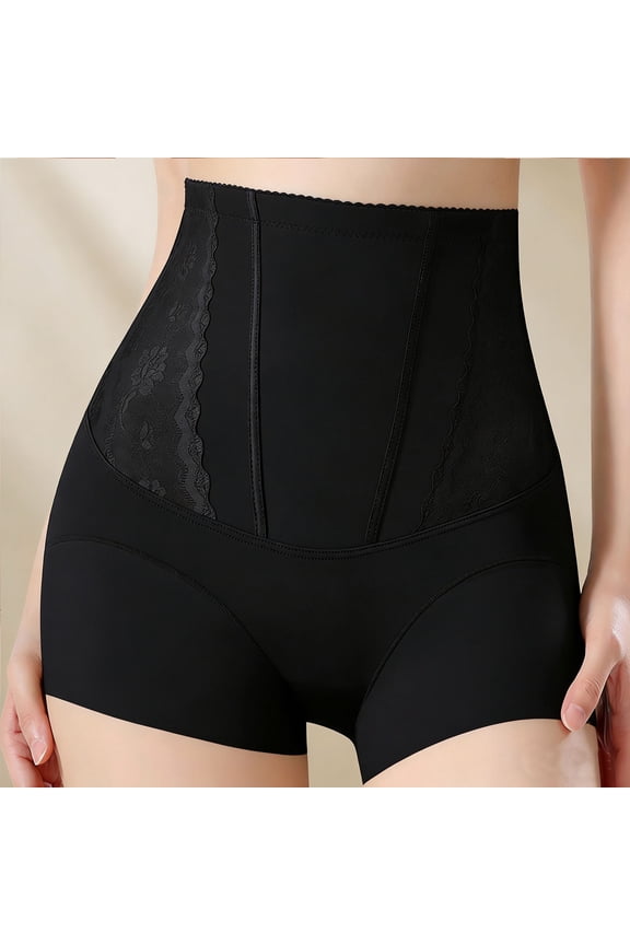 Womens High Waisted Tummy Control Shapewear Seamless Breathable Lace Side Panels Firm Compression Body Shaping Panties Black M to XXXL,Size M