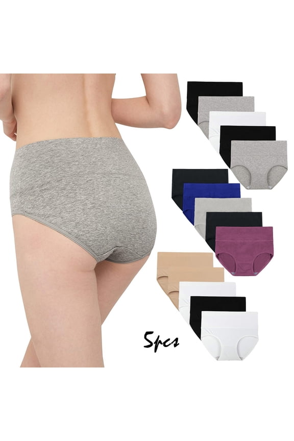 Womens High Waisted Underwear Cotton Postpartum Panties Ladies Soft Stretch Full Coverage Breathable Briefs 5 Pack Purple Black Blue Gray L