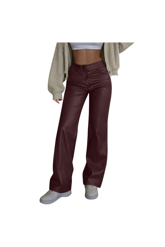 Womens High Waisted Vegan Faux Leather Pants, Faux Faux Leather Retro Flare Trousers & Shiny Bootcut Leggings - Wine,Size S