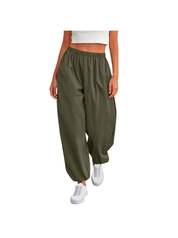 Womens High Waisted Wide Leg Balloon Pants Elastic Cuff Pull On Barrel Trousers Summer Lightweight Casual Work Sweatpants Army Green