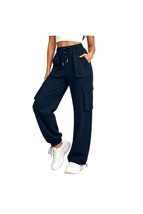 Womens High Waisted Wide Leg Cargo Pants Drawstring Quick Dry Ripstop Trousers with Pockets Casual Workout Travel Hiking Pants Navy