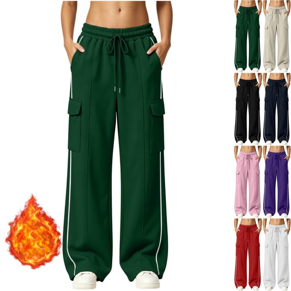 Womens High Waisted Wide Leg Cargo Sweatpants Baggy Y2K Striped Fleece Pants Elastic Waist Drawstring with Flap Pockets Streetwear Outfits, Army Green, L