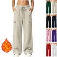 thumbnail image 1 of Womens High Waisted Wide Leg Cargo Sweatpants Baggy Y2K Striped Fleece Pants Elastic Waist Drawstring with Flap Pockets Streetwear Outfits, Beige, M, 1 of 5