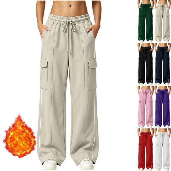 Womens High Waisted Wide Leg Cargo Sweatpants Baggy Y2K Striped Fleece Pants Elastic Waist Drawstring with Flap Pockets Streetwear Outfits, Beige, M