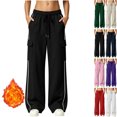 thumbnail image 1 of Womens High Waisted Wide Leg Cargo Sweatpants Baggy Y2K Striped Fleece Pants Elastic Waist Drawstring with Flap Pockets Streetwear Outfits, Black, M, 1 of 7
