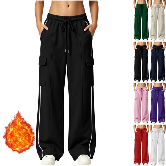 Womens High Waisted Wide Leg Cargo Sweatpants Baggy Y2K Striped Fleece Pants Elastic Waist Drawstring with Flap Pockets Streetwear Outfits, Black, M