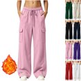 thumbnail image 1 of Womens High Waisted Wide Leg Cargo Sweatpants Baggy Y2K Striped Fleece Pants Elastic Waist Drawstring with Flap Pockets Streetwear Outfits, Pink, M, 1 of 7