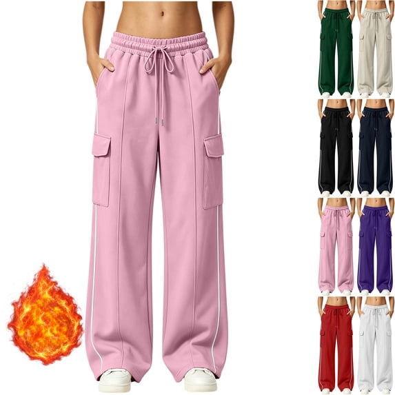 Womens High Waisted Wide Leg Cargo Sweatpants Baggy Y2K Striped Fleece Pants Elastic Waist Drawstring with Flap Pockets Streetwear Outfits, Pink, M