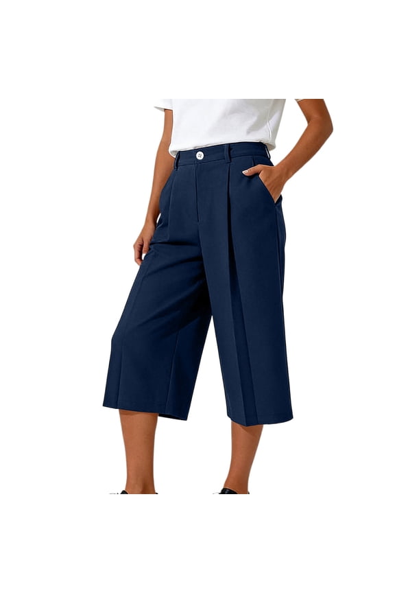 Womens High Waisted Wide Leg Culottes Cropped Trousers Pleated Dressy Business Casual Work Pants with Side Pockets for Office,Navy,XXL