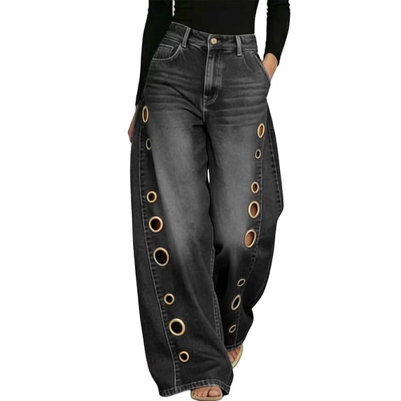 Womens High Waisted Wide Leg Jeans Button Closure Cutout Design Trousers with Pockets Loose Fashion Casual Vacation Pants Black