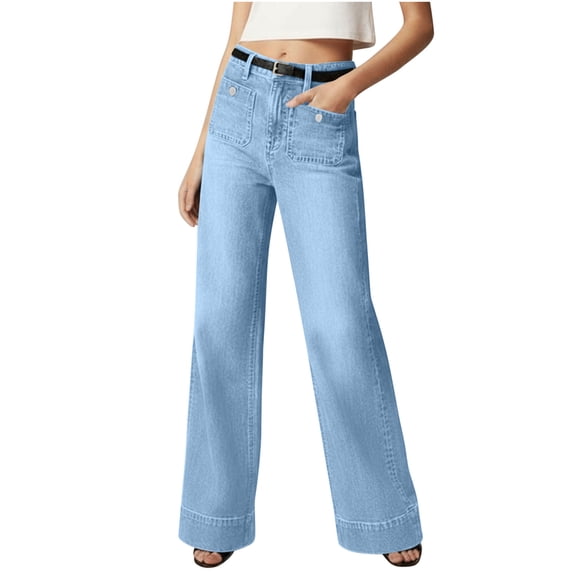 Womens High Waisted Wide Leg Jeans Fashion Loose Button Closure Belt Loops Trousers with Pockets Casual Vacation Work Pants Light Blue
