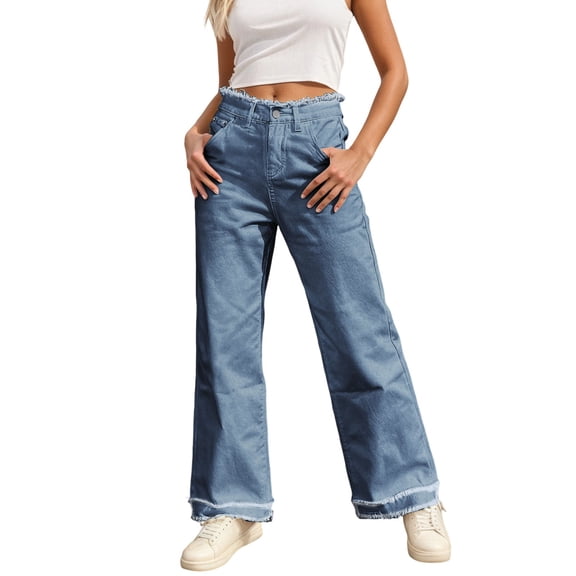 Womens High Waisted Wide Leg Jeans Loose Fit Hem Womens Denim Pants with Pocket Dark Blue Jeans Women Women's Clothing