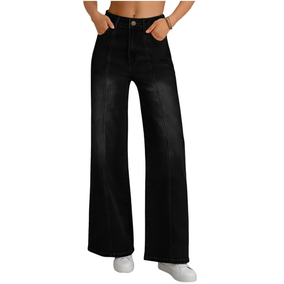 Womens High Waisted Wide Leg Jeans Spring Fall Vintage Casual Loose Fit Stretchy Straight Denim Pants with Pockets Office Work Casual Trousers